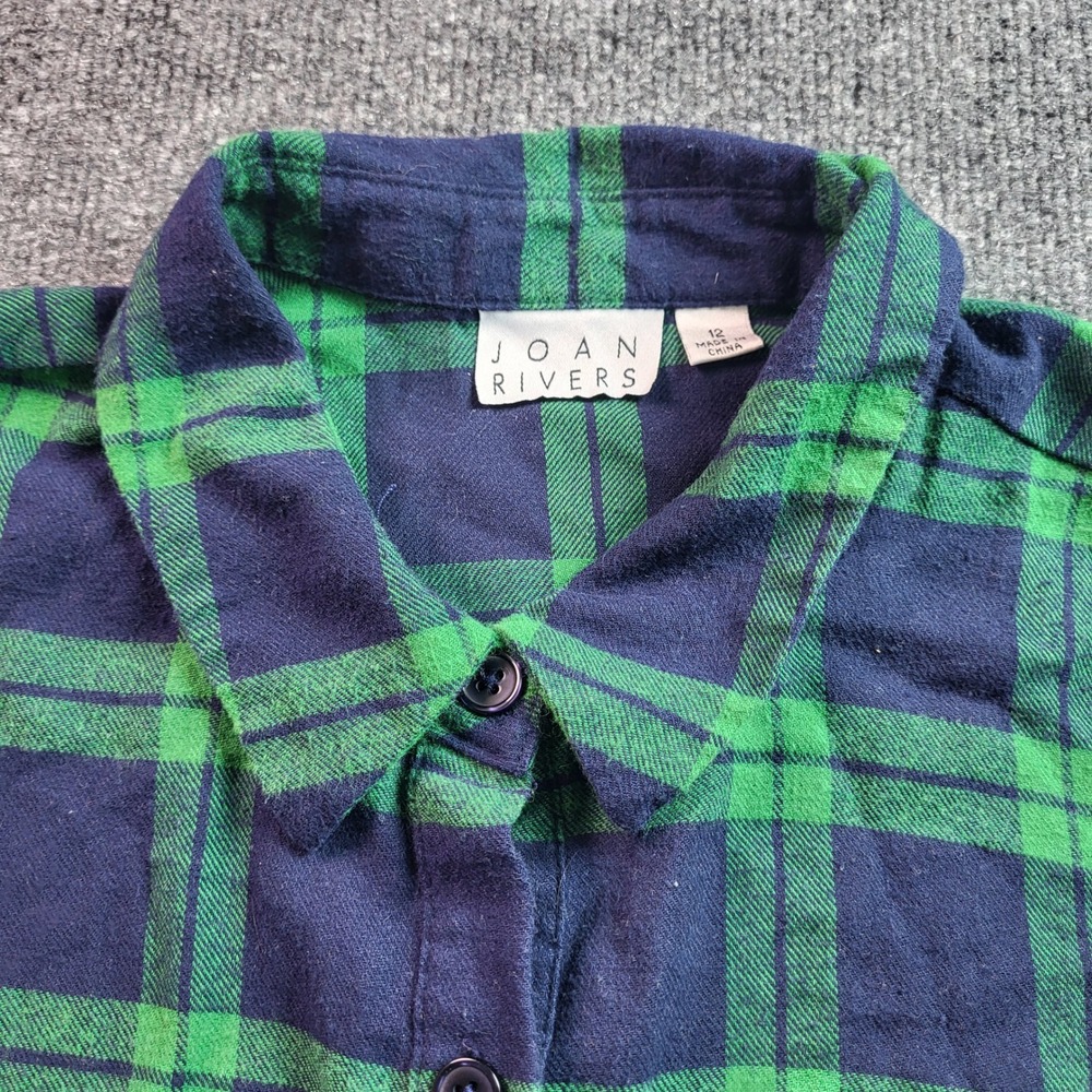 Joan Rivers‎ Womens Button Down Flannel Shirt Sz 12 Green Blue Plaid Tiered